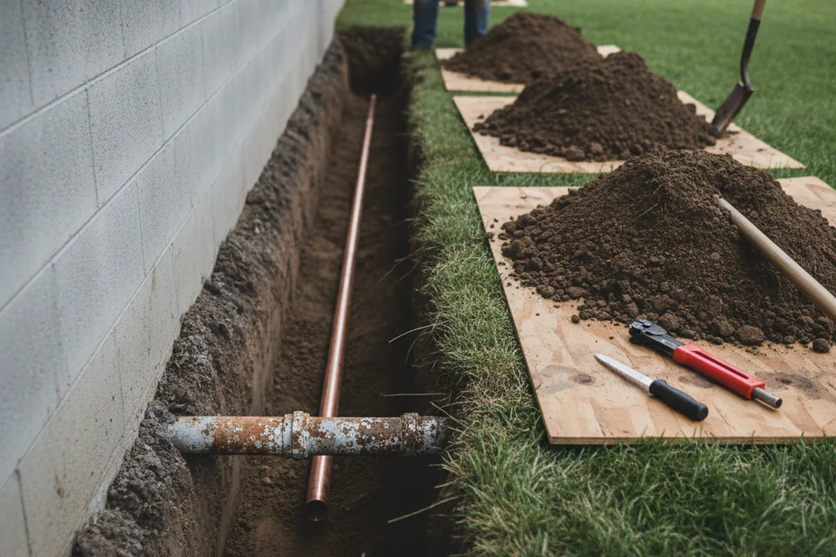 Excavated water line trench during Water Softener Installation in Cabot